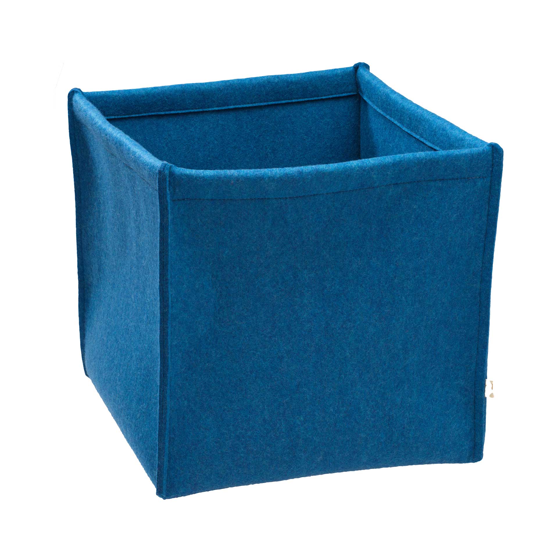 Quadratischer disana Filz-Box aus blauem Bio-Recycling-Filz ohne Griffe auf weißem Hintergrund - Größe 30 x 30 x 30 cm