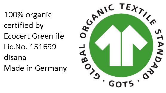 Grünes Global Organic Textile Standard Logo (GOTS) mit disana Lizenznummer und Herkunftsnachweis Deutschland